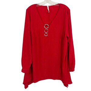 NY Collection Red Sparkle Long Sleeve Asymmetrical Hem Top Holiday Size 2X